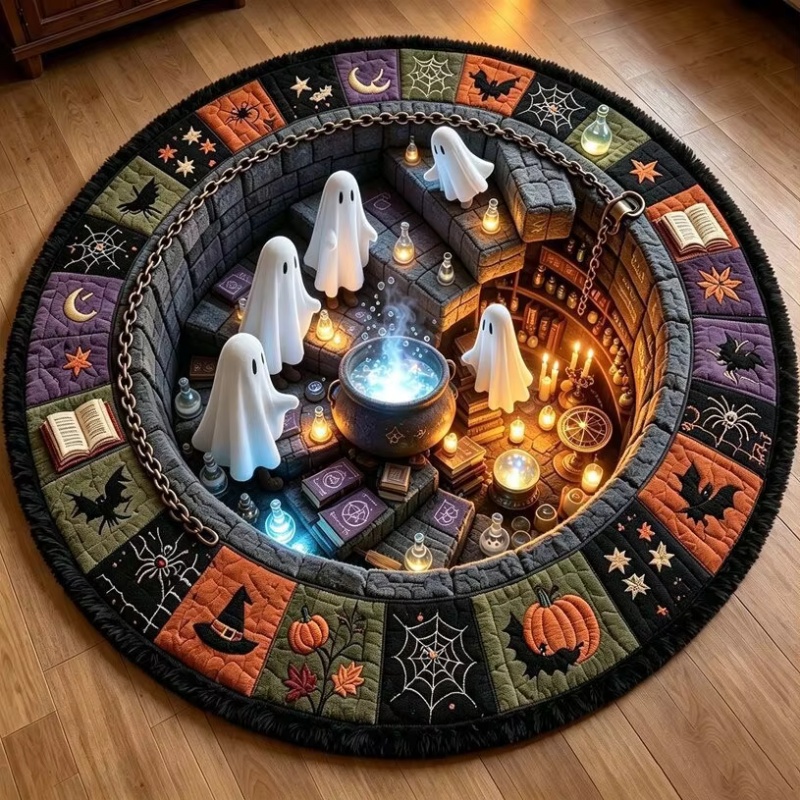 Commercial Book Printing Machines - ハロウィーンの魔女の洞窟をモチーフにした3D光学錯視円形ラグ、幽霊と魔法の鍋、呪文集をあしらったパッチワークプリント、家庭用装飾カーペット。