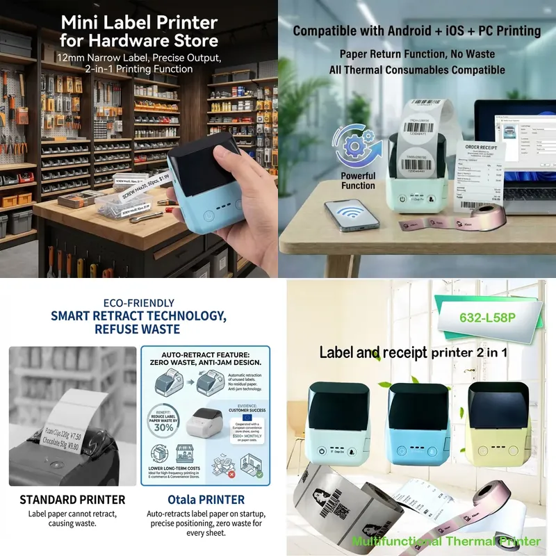 Label Printer - ミニ58mmレシートサーマルポータブルインボイスバーコードPOSプリンターマシン、物流ラベル配送印刷用